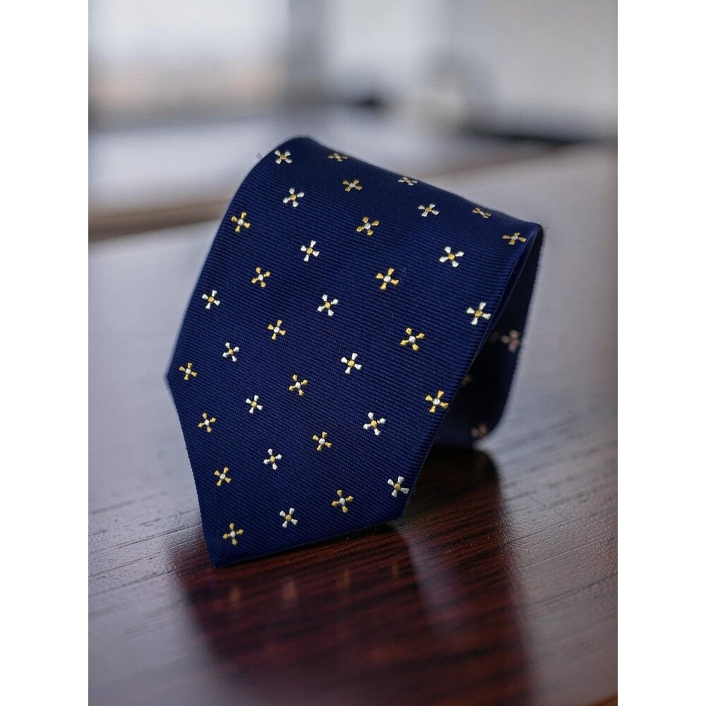Brooks Brothers Makers Tie Navy Blue Yellow White Floral Silk USA‎  57” x 3.75”